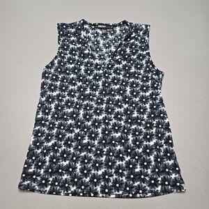 DKNY petite V-neck black and blue flower top women's size small petite